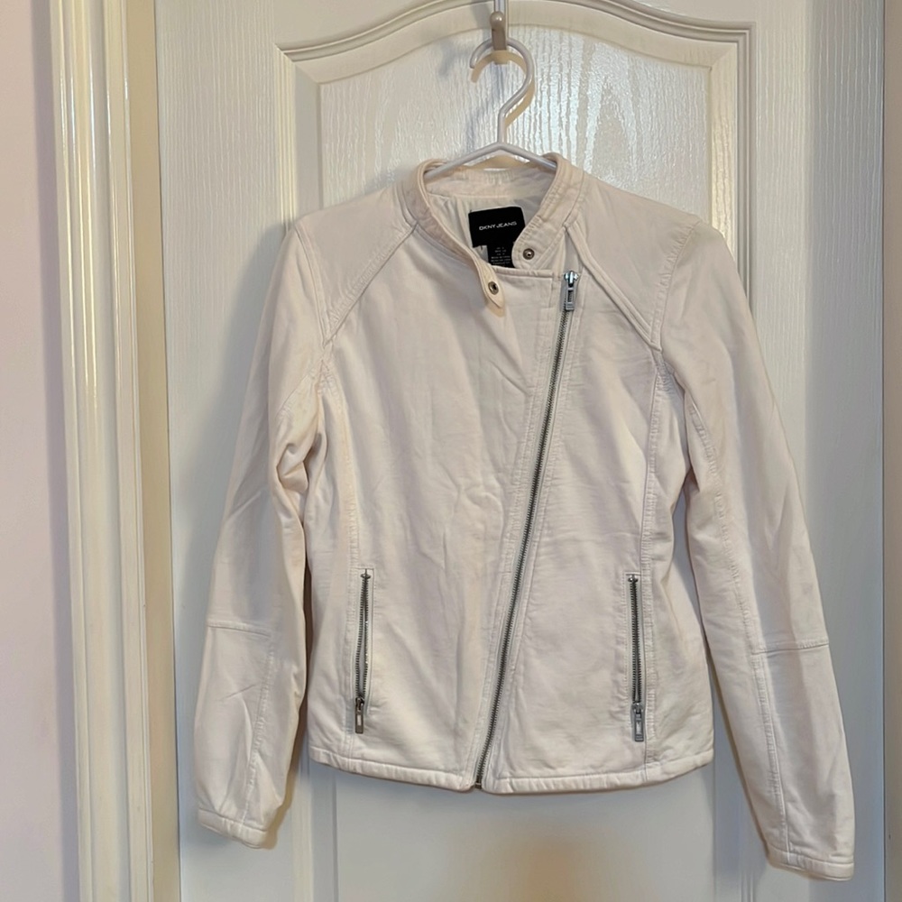 DKNY lightweight white cropped jacket asymmetrical zipper